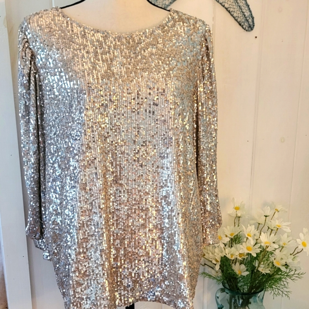 Cable & Gauge Silver Sequin Bishop Sleeve Top Size 1X